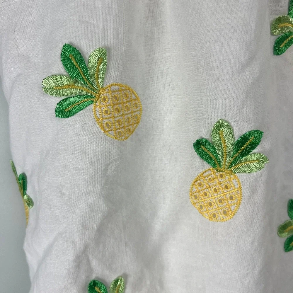 Janie and Jack Girls White Pineapple Embroidered Ramie Cotton Dress Size 6